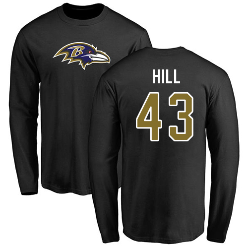 Men Baltimore Ravens Black Justice Hill Name and Number Logo NFL Football #43 Long Sleeve T Shirt